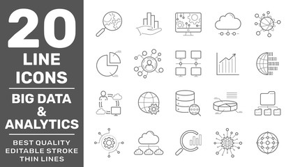 Big Data, Database analytics, information technology, digital processign icons lines set isolated vector illustration. Editable Stroke. EPS 10