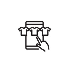 Person choosing clothes in online store thin line icon. Hand pointing on shop web page isolated outline sign. Online shopping concept. Vector illustration symbol element for web design and apps.