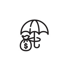 Safe investment thin line icon. Umbrella as shield to protect money bag isolated outline sign. Safe investment, insurance concept. Vector illustration symbol element for web design and apps.