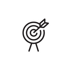 Target with arrow standing on tripod thin line icon. Arrow hitting target isolated outline sign. Goal achieve concept. Vector illustration symbol element for web design and apps.