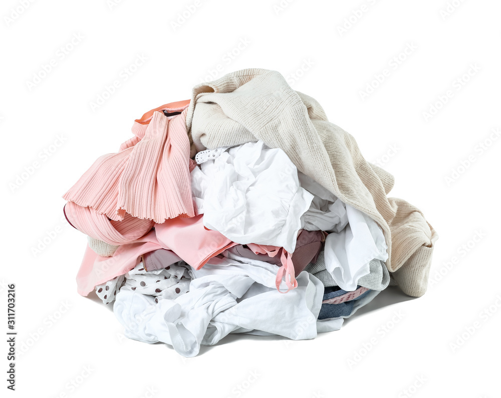 Heap of different clothes on white background