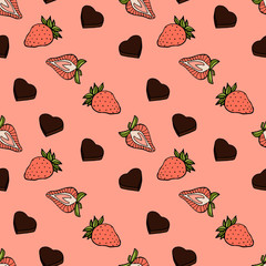 Endless pattern with chocolate and strawberry, hand drawn elements on pink background.