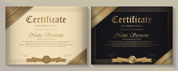 certificate of achievement template in vector with applied thai line in yellow gold tone - vector