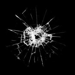 Poster - glass with a hole and cracks isolated on a black background