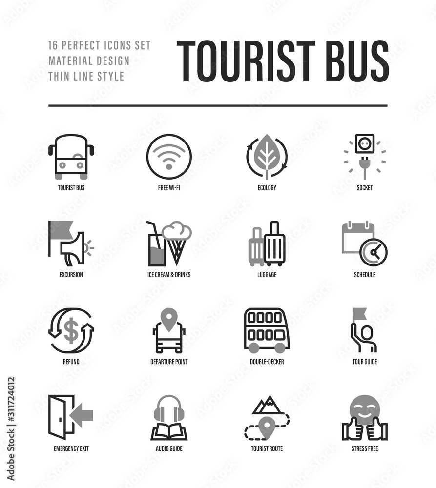 Tourist bus thin line icons set: free wi-fi, schedule, emergency exit, tourist route, departure point, socket, audio guide, luggage, refund, double decker. Vector illustration. - obrazy, fototapety, plakaty 