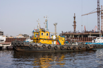 Panorama of the sea port.  At the pier there is a ship for loading and unloading cargo and for receiving passengers.