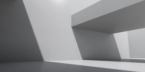 Fototapete - Abstract of concrete interior space with sun light cast the shadow on the wall and floor,Geometric structure design,Perspective of brutalism  architecture,3d rendering.