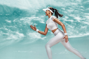 Wall Mural - Sprinter, athlete runner. Sporty young and fit woman running on the sky background. The concept of a healthy lifestyle and sport. Woman in white sportswear.