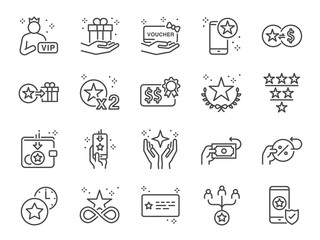 Royalty program line icon set. Included icons as member, VIP, exclusive, reward, voucher, high level and more.