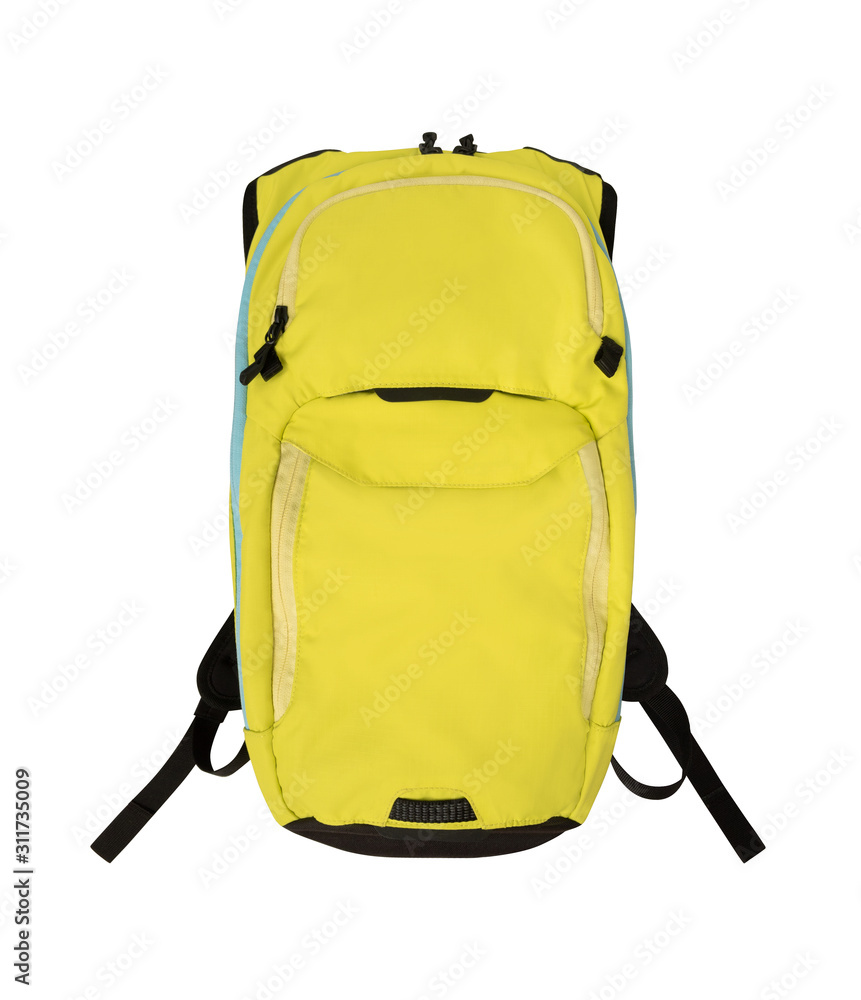 Front view of yellow backpack isolated on white background - obrazy, fototapety, plakaty 