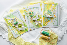 Yellow Anв Green Scrapbooking Greeting Card With Flowers, Butterfly, Bird. Spring Concept. Greeting Cards For Wedding Or Other Festive Decorations . Tools For Scrapbooking.
