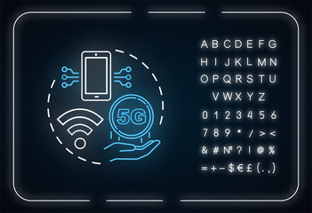 Wall Mural - 99.999 percent availability neon light concept icon. 5G technologies idea. Mobile internet. High-speed connection. Glowing sign with alphabet, numbers and symbols. Vector isolated illustration