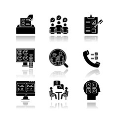 Poster - Survey methods drop shadow black glyph icons set. Telephone, online poll. Rating. Interview. Public opinion. Customer satisfaction, review. Feedback. Data collection. Isolated vector illustrations