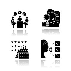 Poster - Survey methods drop shadow black glyph icons set. Group administered questionnaire. High rating. Testimonial. Customer audio review. Event evaluation, expert survey. Isolated vector illustrations