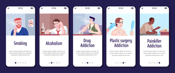 Addiction onboarding mobile app screen vector template. Smoking, alcoholism, drug addiction. Walkthrough website steps with flat characters. UX, UI, GUI smartphone cartoon interface concept