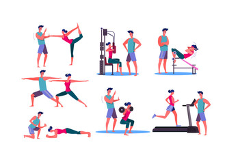 Wall Mural - Set of sporty woman training at gym. Flat vector illustrations of young sportswoman training with trainer. Sport concept for banner, website design or landing web page