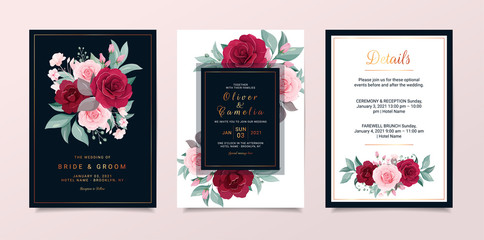 Wall Mural - Wedding invitation card template set with flowers decoration and pantone background. Roses and leaves botanic illustration for background, save the date, invitation, greeting card, poster vector