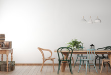 Mock Up Farmhouse Dining Room With Wooden Colored Chairs And Table. Minimalist Design In White Background. 3D Illustration.
