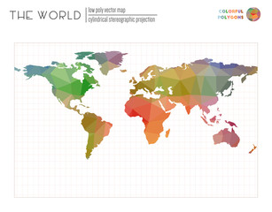  Polygonal world map. Cylindrical stereographic projection of the world. Colorful colored polygons. Trending vector illustration.