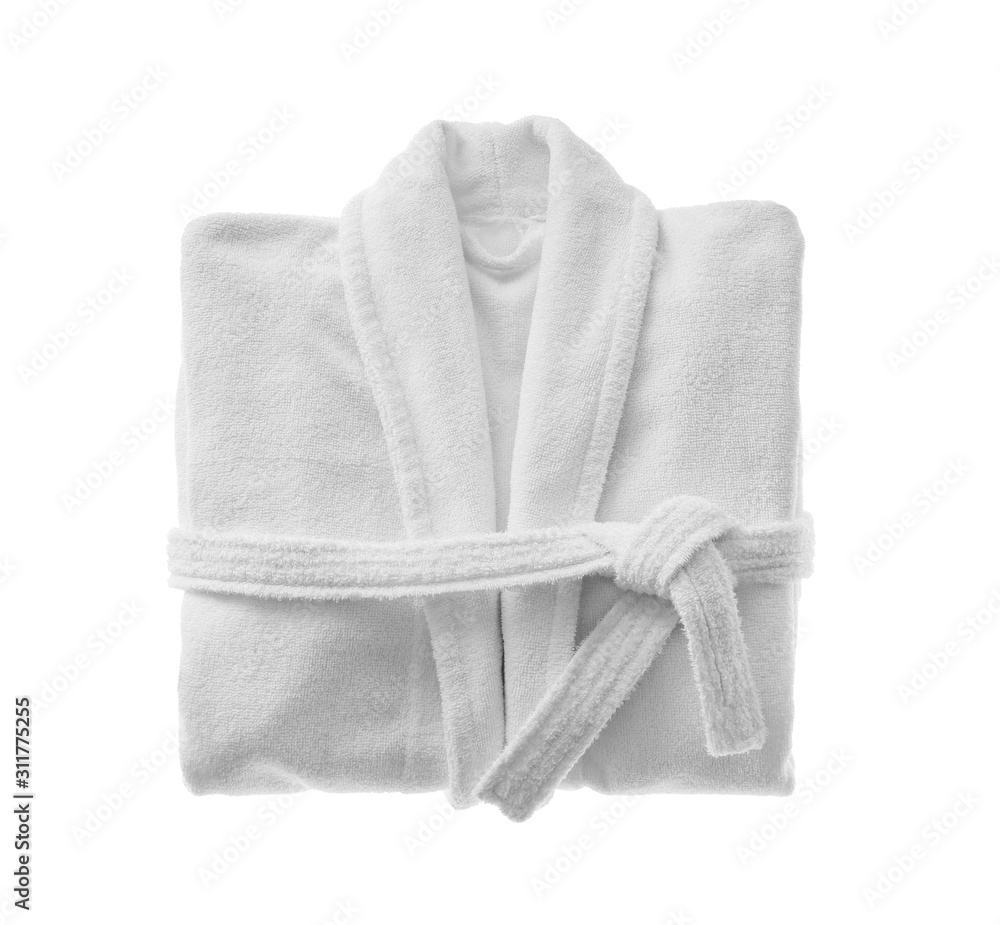 Clean folded bathrobe isolated on white, top view - obrazy, fototapety, plakaty 