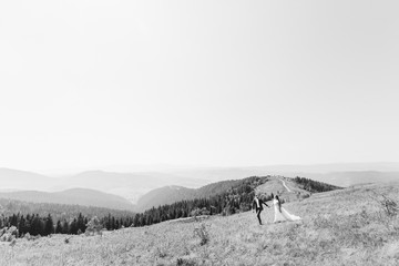 the groom holds the bride's hand and leads her along the slope o