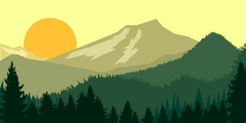 Wall Mural - Poster template with wild mountains landscape. Design element for banner, flyer, card. Vector illustration