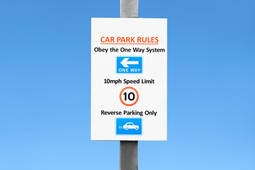 Reverse parking only one way system and speed limit car park safety sign