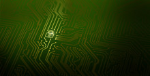 A Pattern Of Printed Circuit Board With Padlock Icon. Gold Pattern On Green Background