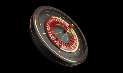 Wall Mural - Luxury Casino roulette wheel isolated on black background. Casino background theme. Close-up black casino roulette. Poker game table. 3d rendering illustration.