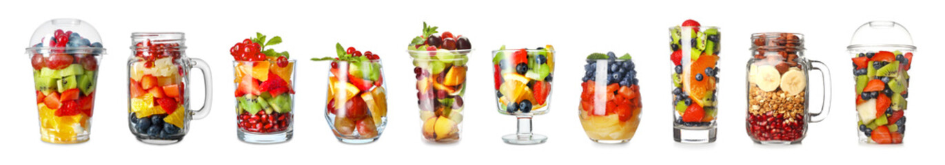 Wall Mural - Set of tasty fruit salads on white background
