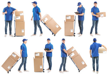 Poster - Set of delivery man with boxes on white background