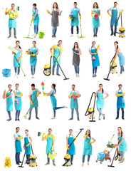 Canvas Print - Collage of janitors with cleaning supplies on white background