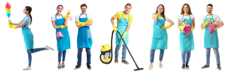 Wall Mural - Female janitor on white background