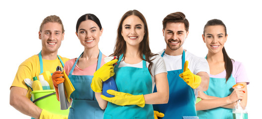 Female janitor on white background