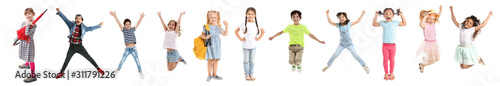 Fotomural Cute little boy jumping on white background