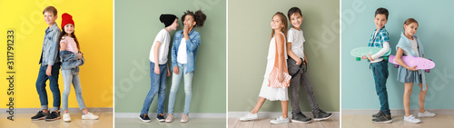 Cuadros en Lienzo Collage of photos with fashionable children near color walls