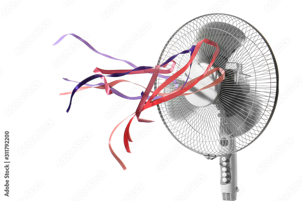Electric fan with fluttering ribbons on white background - obrazy, fototapety, plakaty 