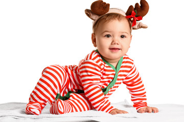 cute little baby with christmas decor on white background