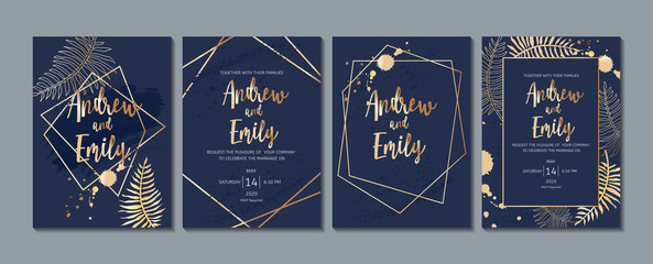 Wedding invitation card with abstract navy blue background, gold geometric frame and tropical leaves
