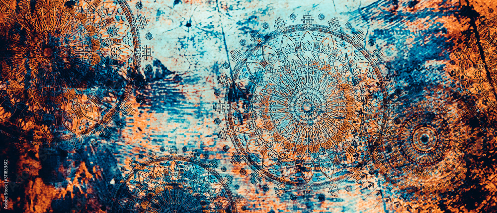 mandala colorful vintage art, ancient Indian vedic background design, old painting texture with multiple mathematical shapes - obrazy, fototapety, plakaty 