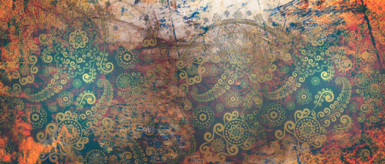 mandala colorful vintage art, ancient Indian vedic background design, old painting texture with multiple mathematical shapes