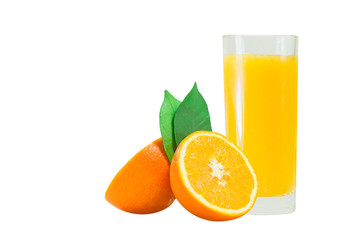 A cup of orange juice and cut orange on  white background.