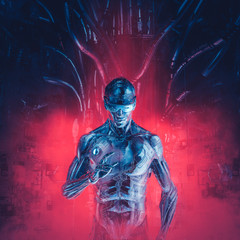 chrome icebreaker reloaded / 3d illustration of metallic science fiction male humanoid cyborg wearin
