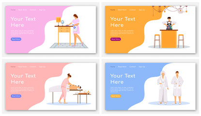 Wall Mural - Touristic accommodation landing page vectors templates set. Hotel website interface idea with flat illustrations. Booking homepage layout. Spa center web banner, webpage cartoon concept