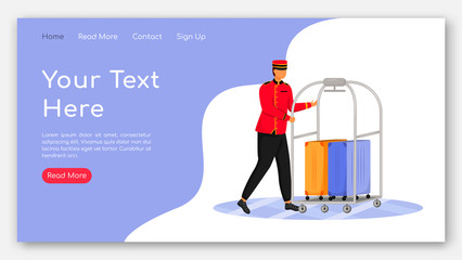 Wall Mural - Hotel landing page vector template. Travel website interface idea with flat illustrations. Bellman, staff service, baggage carriage. Porter ordering web banner, webpage cartoon concept