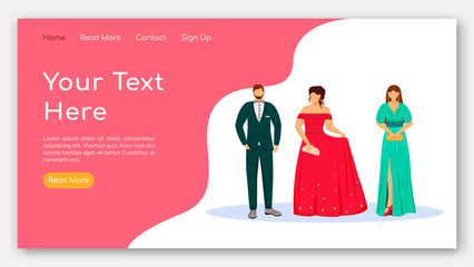 Wall Mural - Event organization landing page vector template. Hotel party website interface idea with flat illustrations. People in evening dress code. Vip guests web banner, webpage cartoon concept