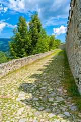 Idyllic path to Sabiona Monastery near Chiusa, Province of Bolzano, Trentino Alto Adige, Italy.