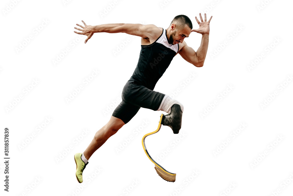 athlete runner disabled amputee explosive start running. isolated on white background - obrazy, fototapety, plakaty 