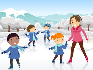 Poster - Stickman Kids Teacher Ice Skating Illustration