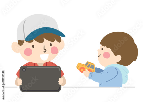 Kids Boys Siblings Invite To Play Illustration